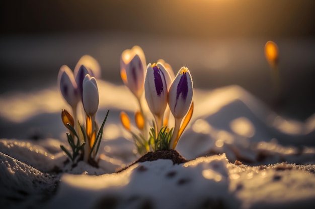 Spring Flowers Crocus Blossoms On Melt Snow Illustrator AI Generative