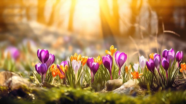 写真 日光と草の上の春の花クロッカスの花