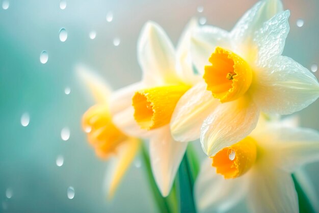 写真 早春の庭の春の花水仙春の雨の下の黄色の水仙水仙の花の雨滴生成ai