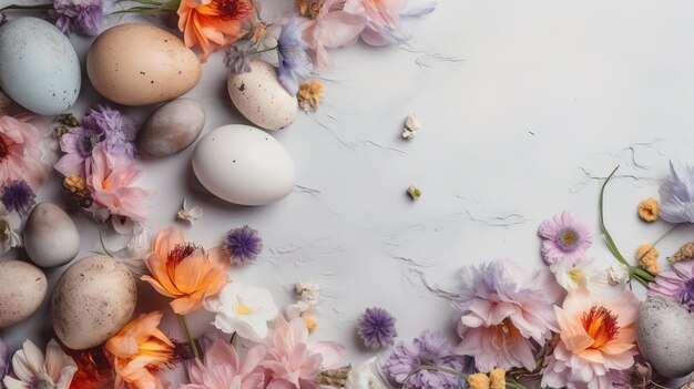 Spring Flowers Eggs Feathers and Gift Boxes on Light Gray Background