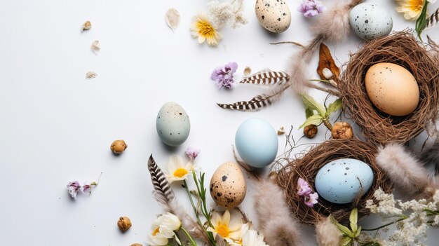 Spring Flowers Eggs Feathers and Gift Boxes on Light Gray Background