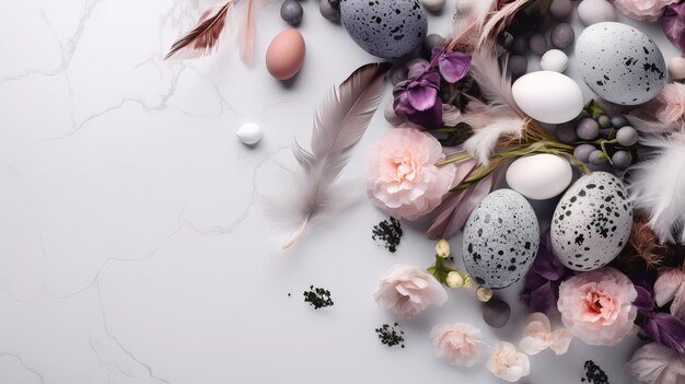 밝은 회색 배경에 봄 꽃 계란 깃털과 선물 상자