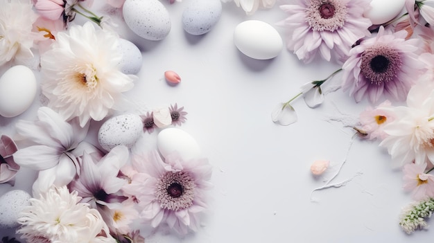 Spring Flowers Eggs Feathers and Gift Boxes on Light Gray Background