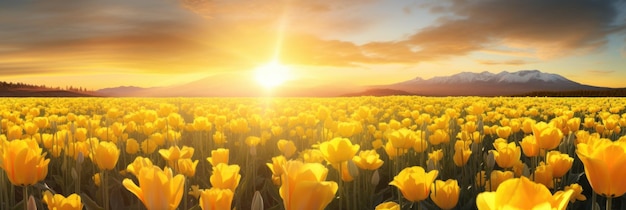 spring flowers on a field at sunset