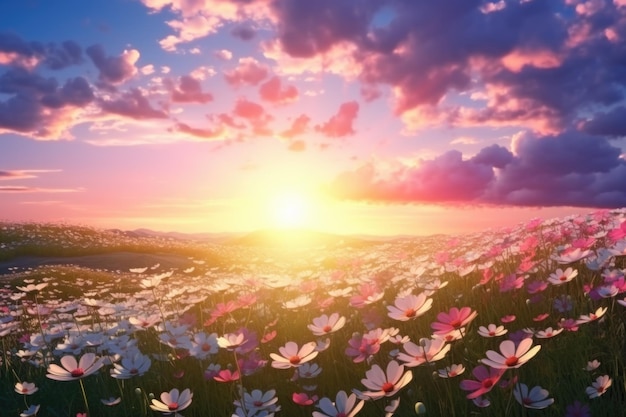 spring flowers on a field at sunset