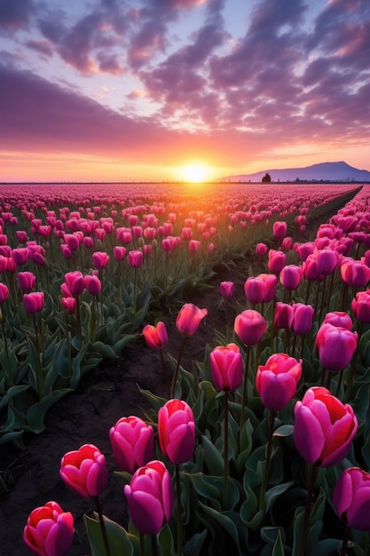 spring flowers on a field at sunset