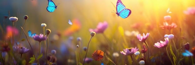 spring flowers on a field with butterflies