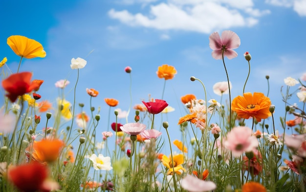 Photo spring flowers fly against the blue sky