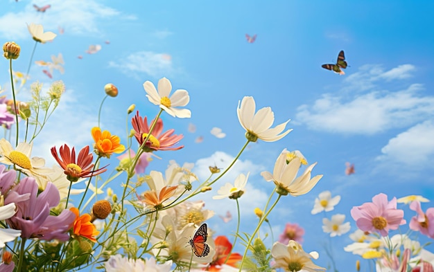 Foto i fiori di primavera volano contro il cielo blu