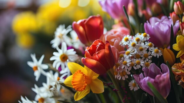 spring flowers in the garden spring flowers background yellow and red tulips