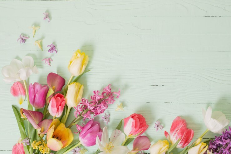 Spring flowers on green wooden background