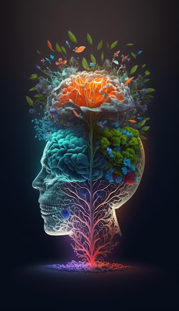 Spring flowers growing out of a glowing human brain on dark background generative AI