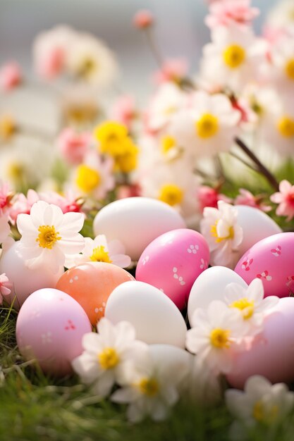 Spring flowers Happy Easter background Colorful Easter eggs on grass