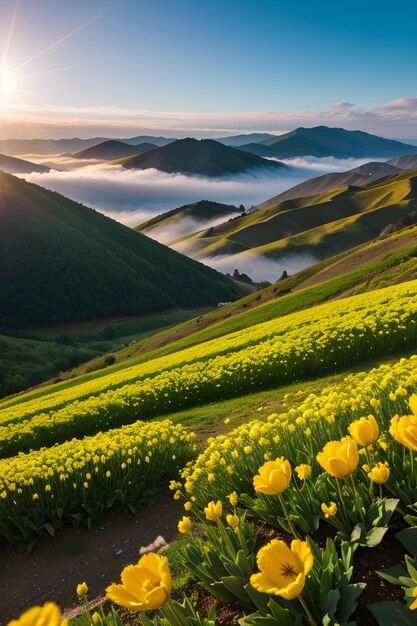 언덕 에 있는 봄 꽃 들