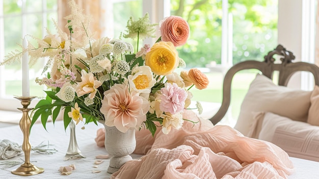 写真 ヴィンテージの花瓶で春の花を飾る 美しい花のアレンジ 家庭装飾 結婚式と花屋のデザイン