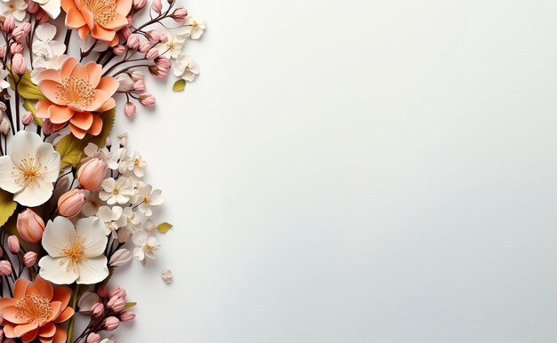 Весенние цветы и листья на белом фоне с копировальным пространством, созданным с помощью генеративного ИИ