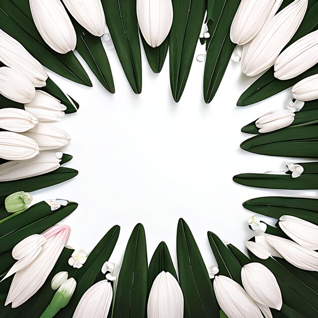 Spring flowers and leaves on white background