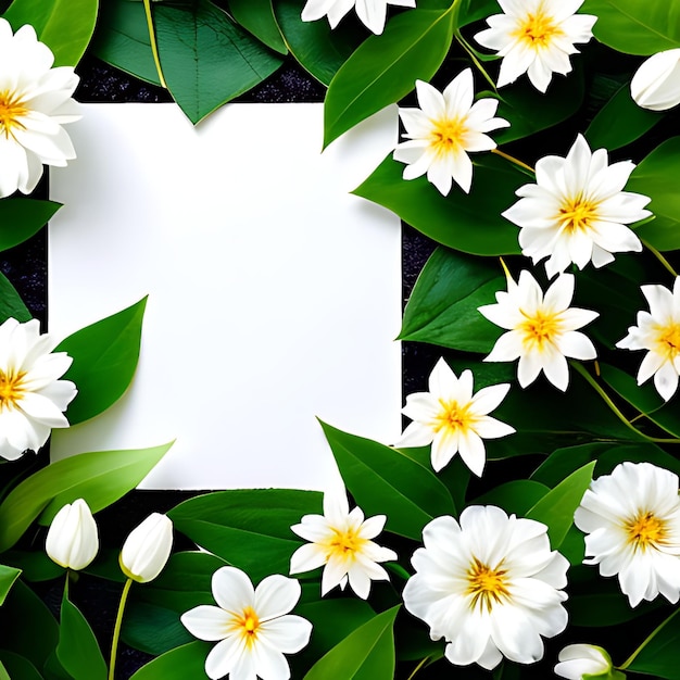 Spring flowers and leaves on white background