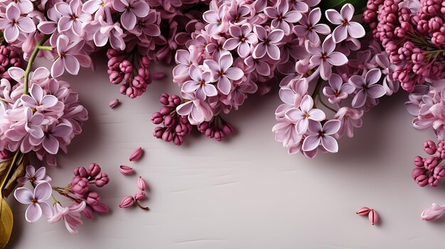 Spring flowers Lilac flowers on white background Top view flat lay copy space Generative AI