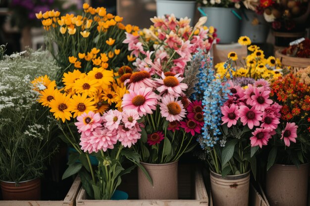 지역 거리 시장에서 봄 꽃 생성 AI