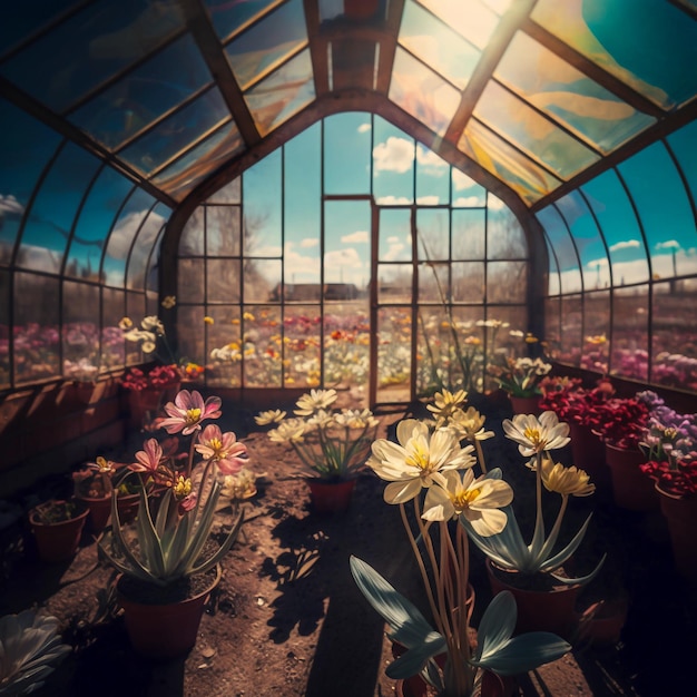 Spring flowers in morning suny greenhouse illustration Generative AI