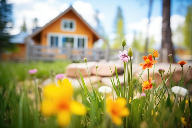 Photo spring flowers outside cabin