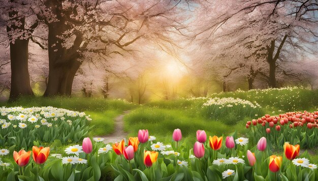 Photo spring flowers in the park with a path leading to the sun