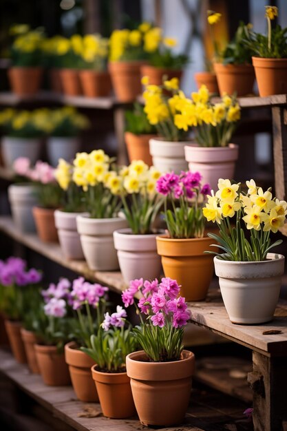 Spring flowers in pots Happy Easter background Seedlings and gardening
