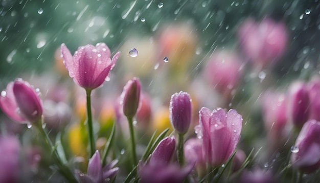 春の花、雨の滴、抽象的な背景をぼかした写真、花、新鮮な雨