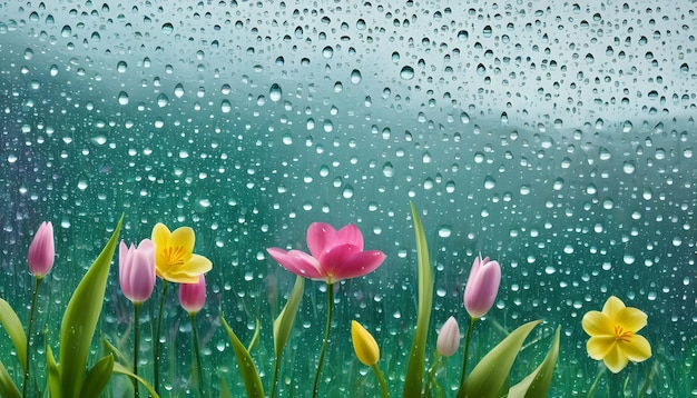 Photo spring flowers and raindrops on window