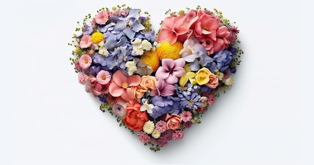 Spring flowers in shape of heartCreative layout made of various flowers Flat lay bouquet