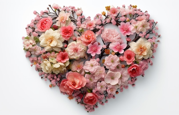 Spring flowers in shape of heartCreative layout made of various flowers Flat lay bouquet