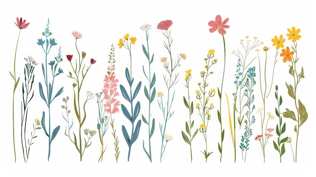 Spring flowers Summer field floral branches Blooming meadow herbs Soft delicate stems of wildflowers Wild herbs Botanical natural flat modern illustration isolated on white