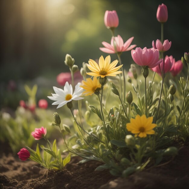 春の花は日光に照らされる