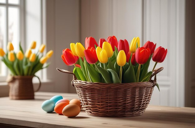 Photo spring flowers tulips backet mothers day valentines easter modern interrior countryhouse wooden