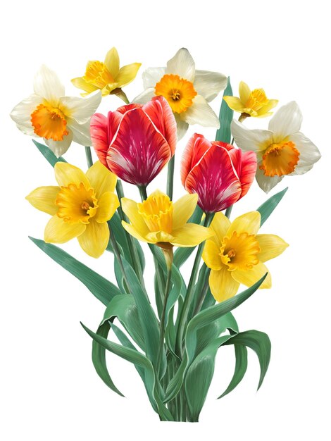 Spring flowers tulips and daffodils in a bouquet drawing