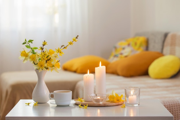 Spring flowers in vase on modern interior