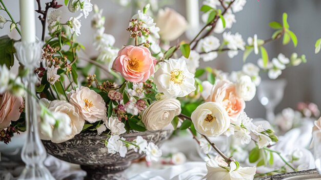 ヴィンテージの花瓶で春の花を飾る 美しい花のアレンジ 家庭装飾 結婚式と花屋のデザイン