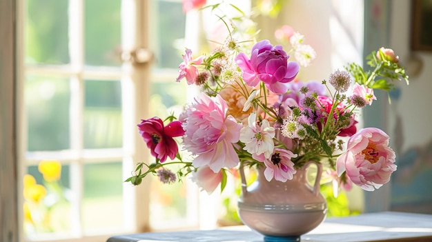 ヴィンテージの花瓶で春の花を飾る 美しい花のアレンジ 家庭装飾 結婚式と花屋のデザイン