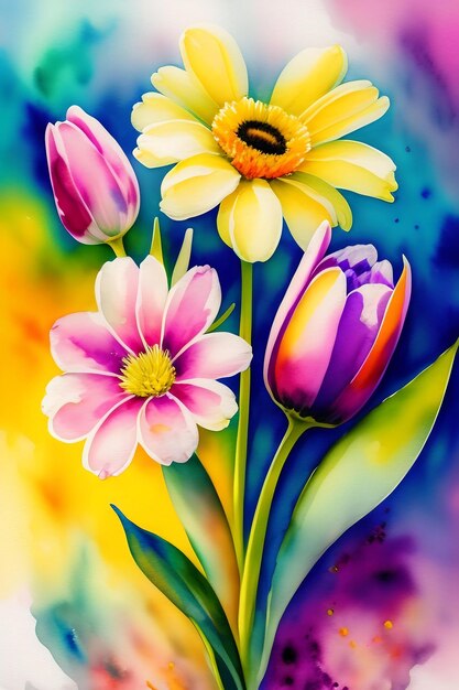 Spring flowers watercolor painting colorful abstract impressionist background