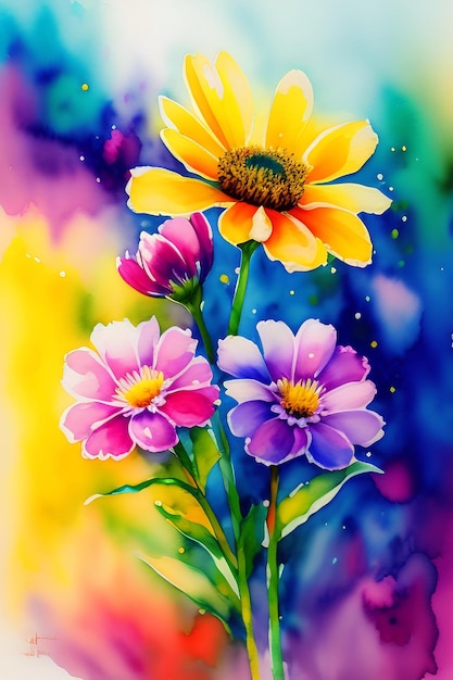 Spring flowers watercolor painting colorful abstract impressionist background