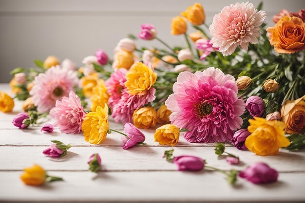 Photo spring flowers on white wooden table