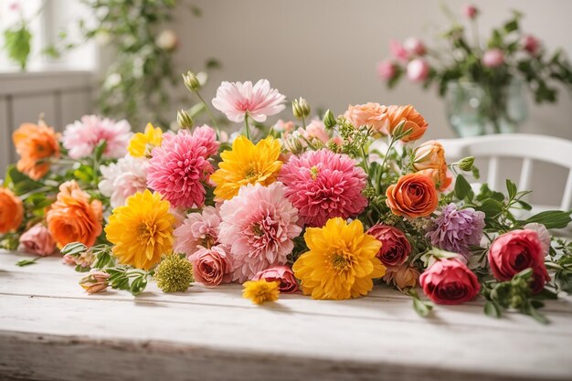 白い木のテーブルの上にある春の花