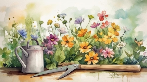 Photo spring flowers with the gardening tools in the garden in watercolor style ai generative