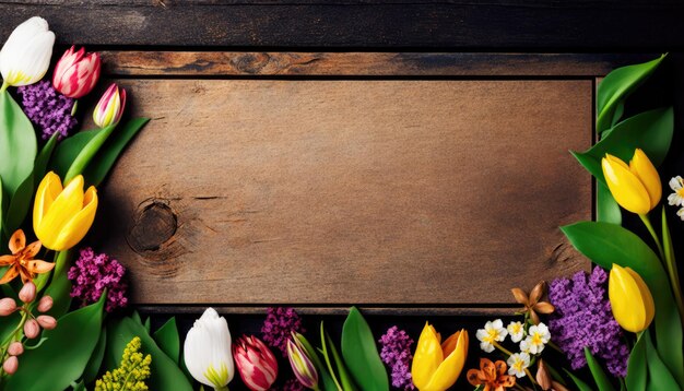 Spring Flowers on Wooden Background with Copy Space for Text Spring Theme