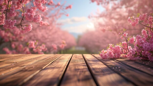 Spring Flowers on a Wooden Table and in a Garden Featuring Pink Cherry Blossoms and Vibrant Blooms