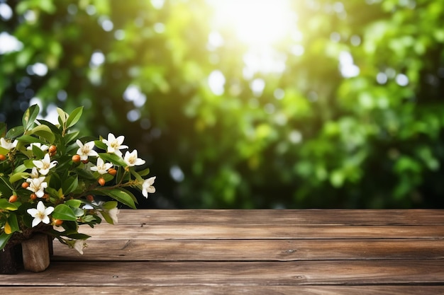 Spring flowers on wooden table for product display copy spacing