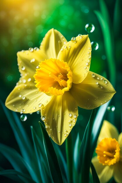 葉っぱに水の滴がある黄色いナスリッドマクロの春の花