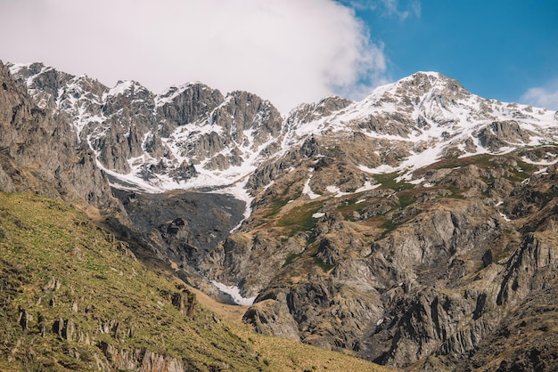 Spring in the foggy and snowy mountains