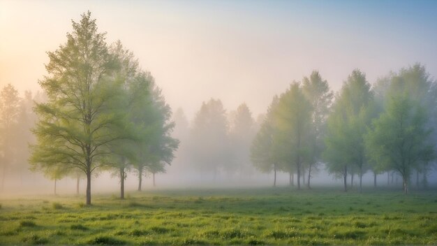 写真 霧の朝の春の森